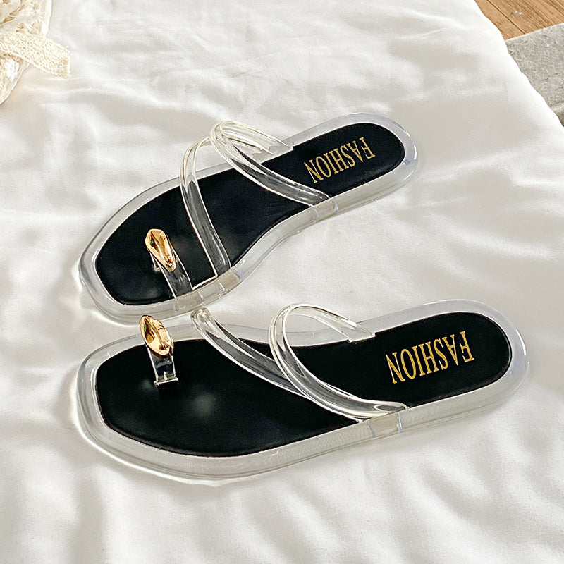 New gold buckle crystal thong sandals - women's summer outdoor wear, trendy, versatile, and non-slip crystal jelly slippers