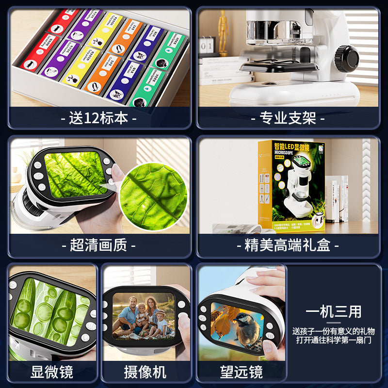 Smart digital electronic microscope - portable display, high-definition, for cell & mite viewing - educational toy for elementary school students & children