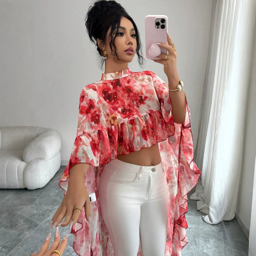 summer cross-border fashion: european & american style stand collar printed ruffle chiffon blouse - vacation-ready flowy cover-up