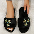 export plus size 2024 autumn/winter fuzzy slippers - fashionable butterfly design, round toe, flat cotton slippers