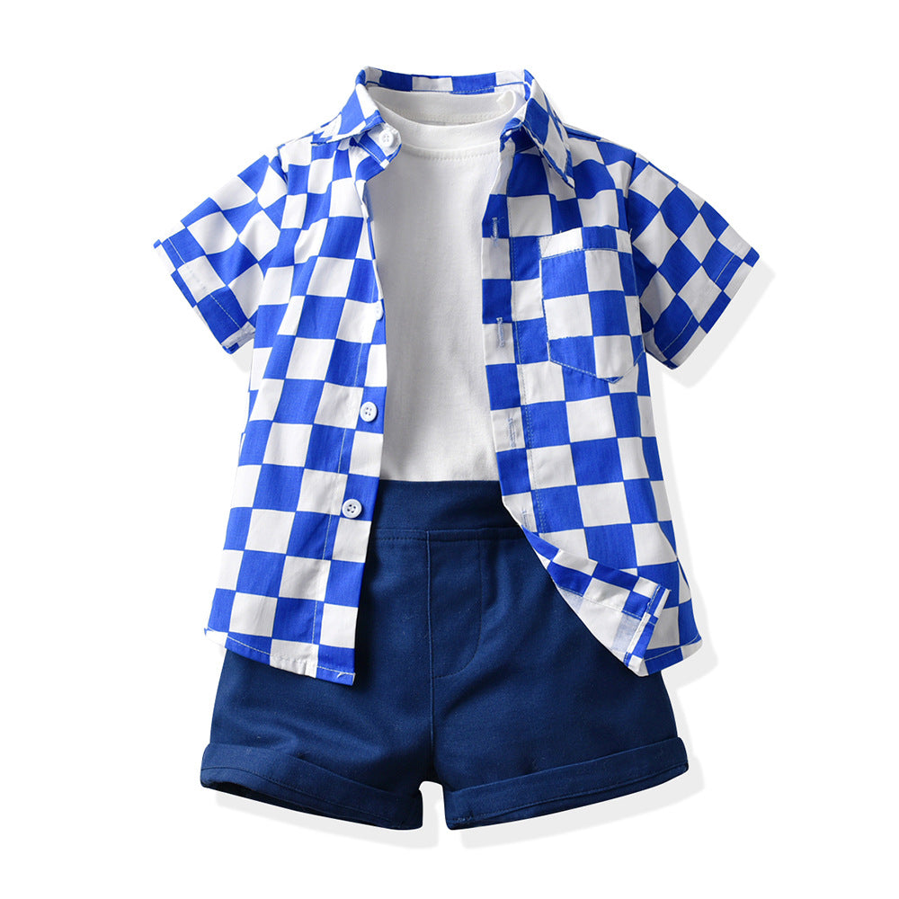 Korean style children's clothing wholesale: spring/summer kids' apparel - boys' checkered shirt & t-shirt short sleeve shorts set