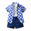 Korean style children's clothing wholesale: spring/summer kids' apparel - boys' checkered shirt & t-shirt short sleeve shorts set