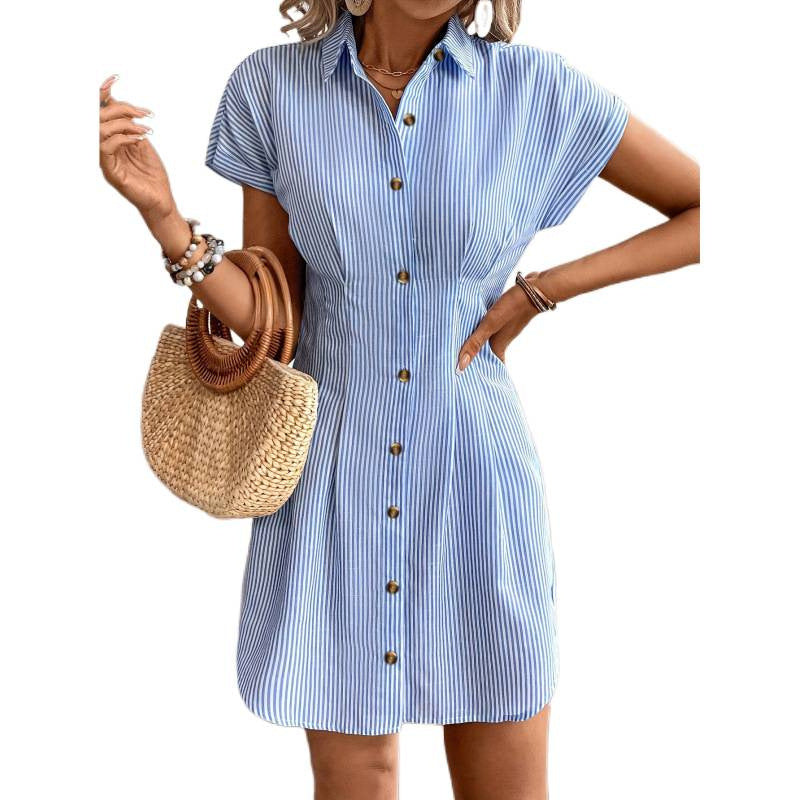 Shipped: cross-border  fashion summer shirt dress - blue striped cardigan short-sleeve dress