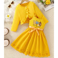 new girls' dress set: cute cat print, bow detail, hollow-out hem two-piece sundress set