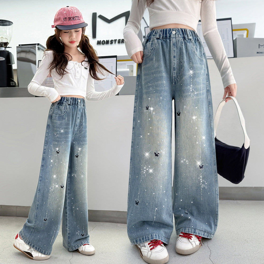 Girls' denim jeans - new spring/autumn collection, rhinestone embellished,  stylish design, straight leg, embroidered detailing, trendy wide leg style for mid-to-large sized children
