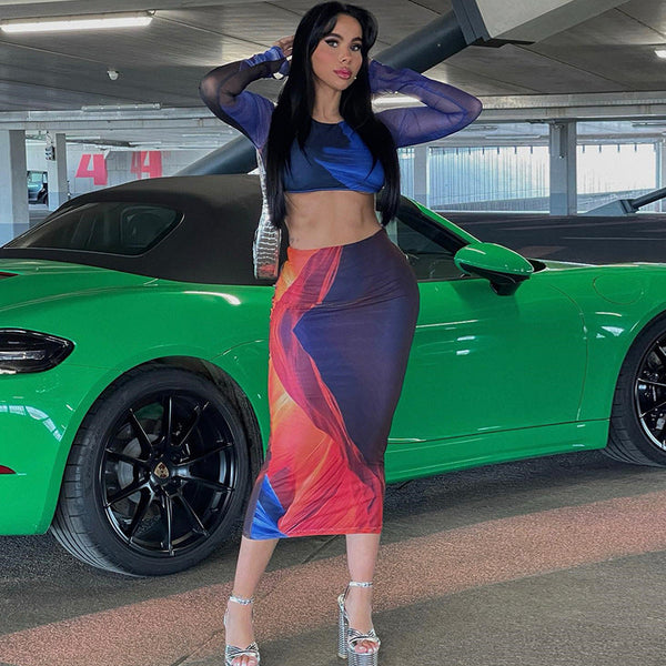 European and American style 2025 summer fashion printed top long sleeve halter strap hip skirt set skirt two-piece set women
