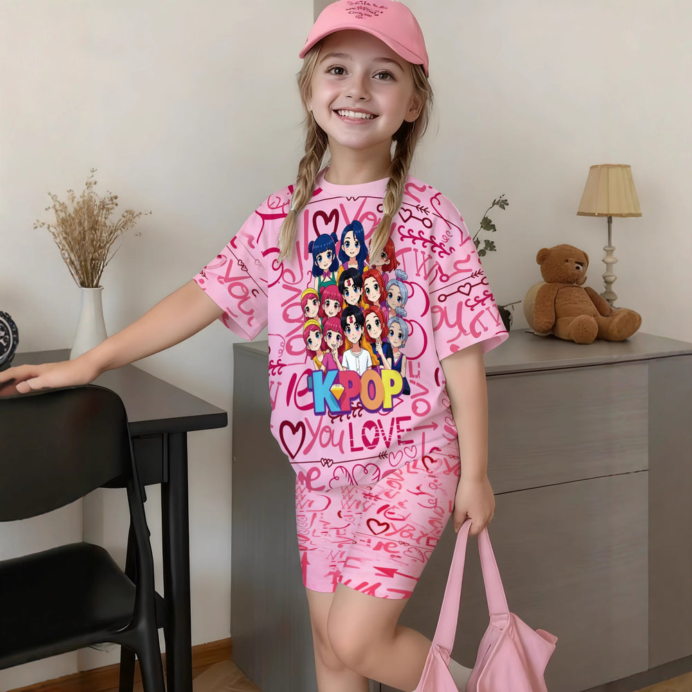 Girls' t-shirt and shorts set featuring a cartoon short-sleeve design and printed graphics, perfect for a cute and casual streetwear look