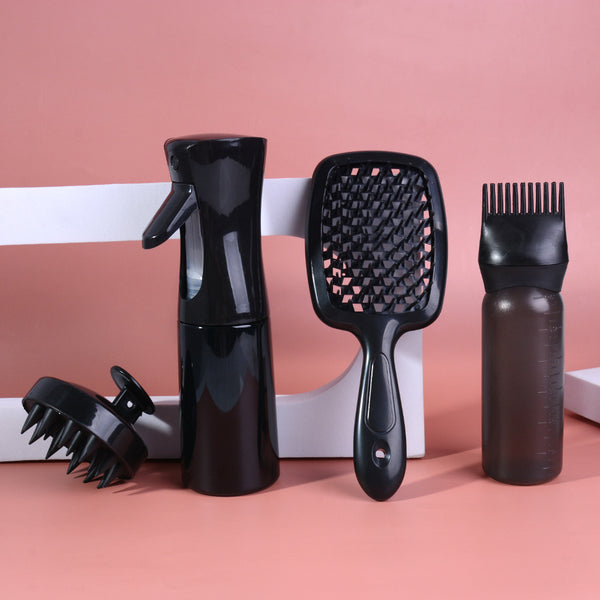 Cross-border hot-selling hairdressing four-piece set, hollow comb, massage comb, spray bottle set, shampoo brush, smooth hair styling tool, spot.