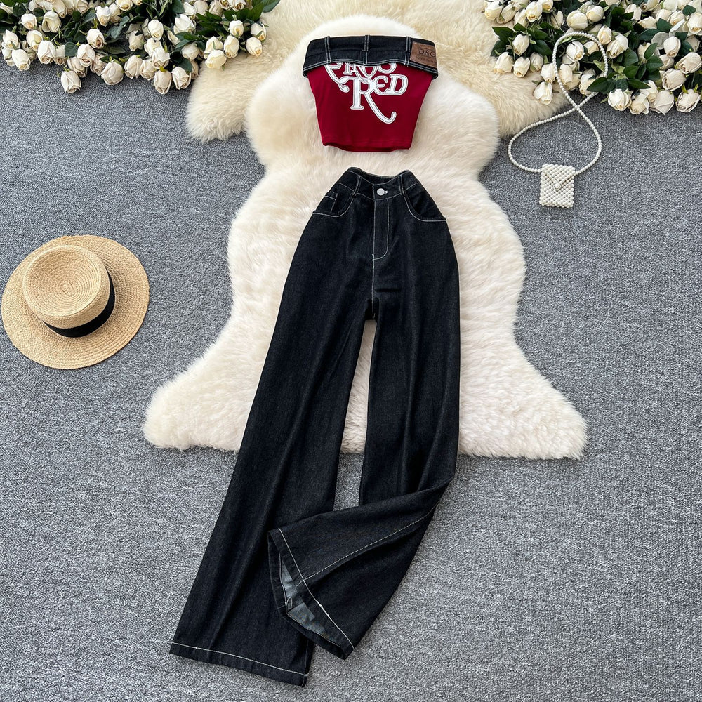American style women's summer outfit: sexy & spicy letter embroidered sleeveless bandeau top with high-waisted denim wide-leg casual pants