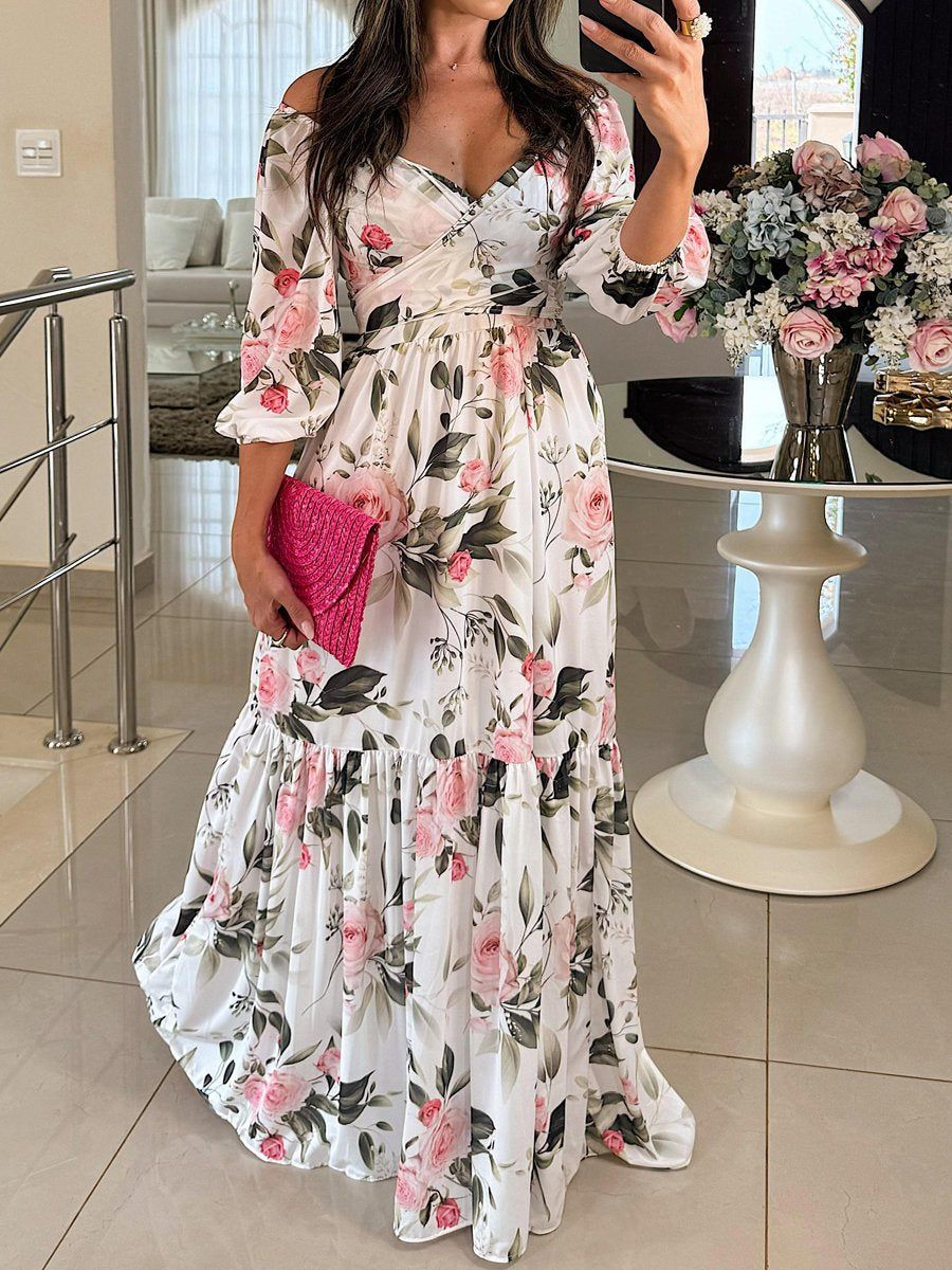 cross-border e-commerce women's fashion: european and american summer new arrivals - stylish and elegant printed v-neck maxi swing dress