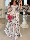 cross-border e-commerce women's fashion: european and american summer new arrivals - stylish and elegant printed v-neck maxi swing dress