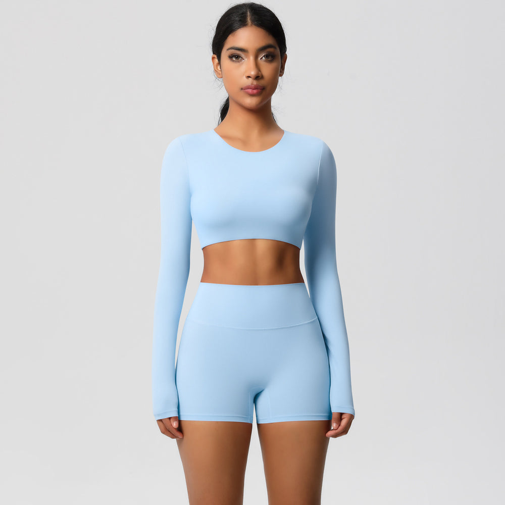 European and american new arrival: brushed long-sleeve yoga set - tight-fit, butt-lifting shorts, quick-dry running & fitness outfit for pilates