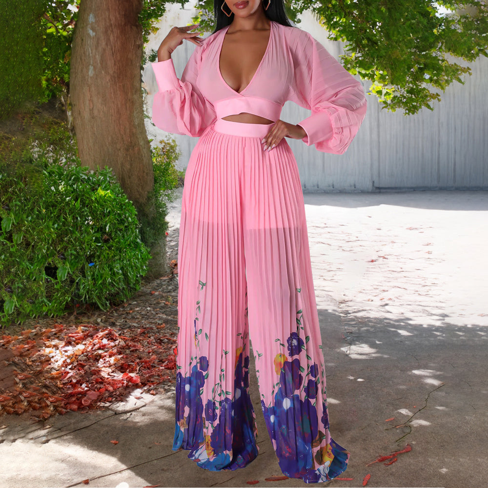 European and american women's clothing  spring new fashion elegant chiffon v-neck pleated top and printed wide-leg pants foreign trade set