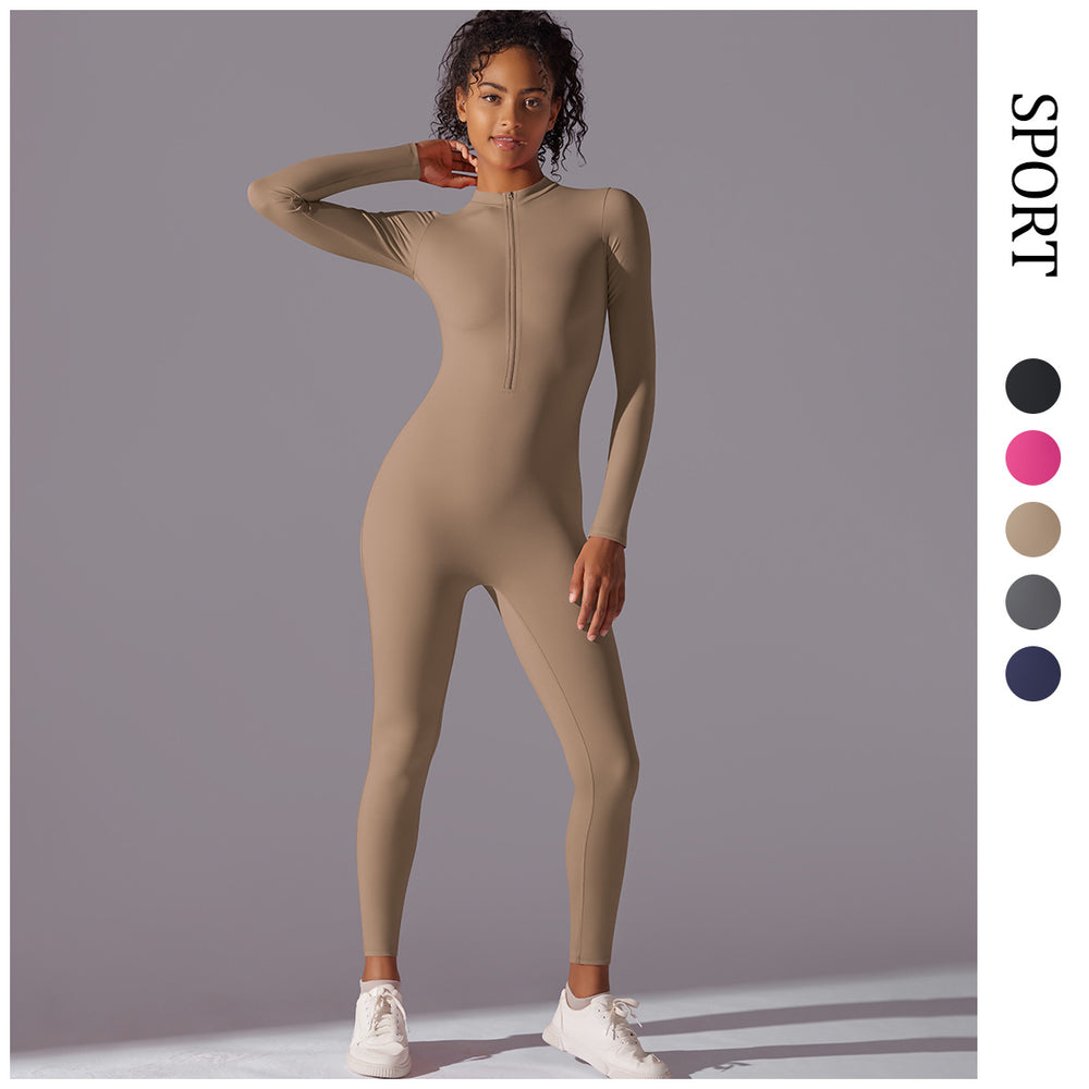 New arrival brushed nude long jumpsuit soft comfortable shapewear long sleeves yoga wear half-open zipper fitness wear