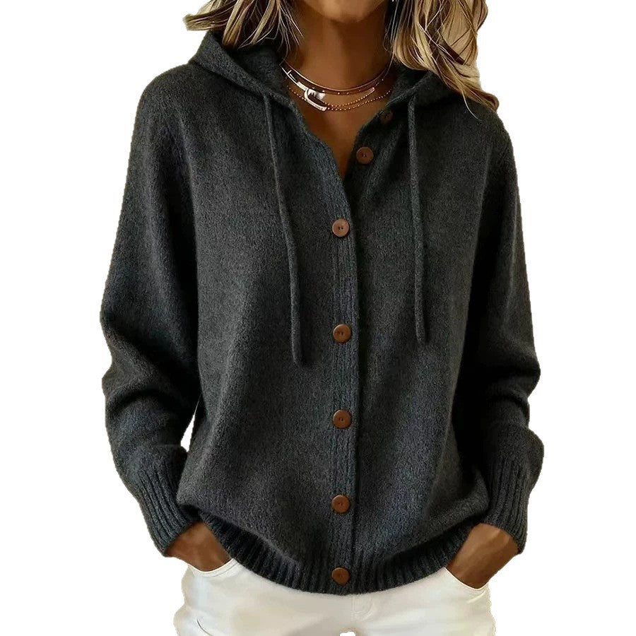 european and american button-down knit hoodie cardigan - new autumn/winter collection - solid color casual fashion women's outerwear