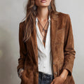 european and american autumn women's cross-border fashion: elegant brown suede jacket with pockets and button closure