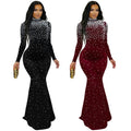 C7622 cross-border   fashion women's elegant high-neck rhinestone and beaded bodycon dress