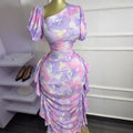 European and american cross-border women's fashion:  early autumn new arrival - bubble sleeve, asymmetrical neckline, printed ruffle trim, bodycon elegant dress