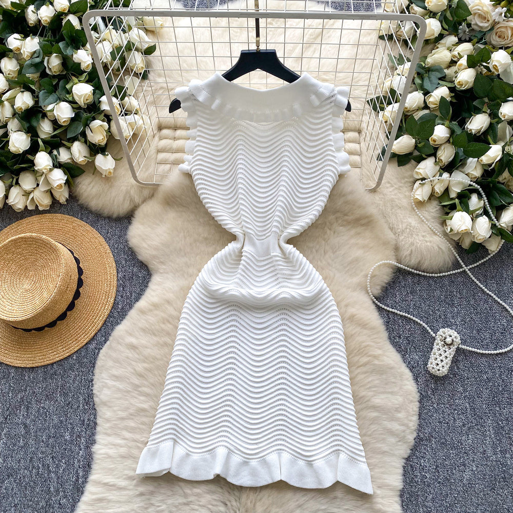 K-stylecasual celebrity sleeveless knittingdress women's summer fungus edge niche style young lady beautiful mid length skirt