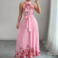 European and american cross-border women's summer  elegant halter neck tie waist floral print pleated maxi swing dress