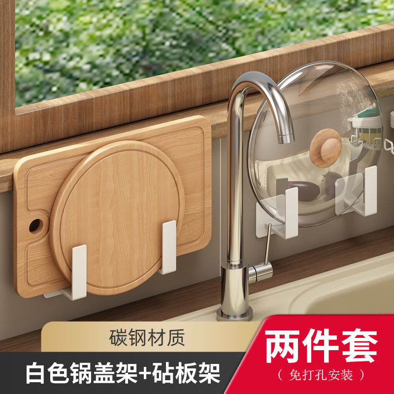 White Kitchen Shelf Wall Mounted No Punching Household Knife Holder Seasoning Cutting Board Cutting Board Storage Seasoning Shelf