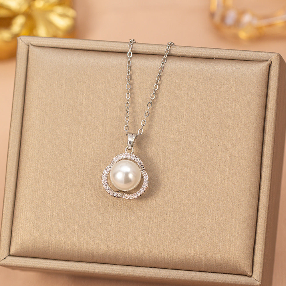 European and american hot-selling fashion zircon pearl necklace for women, lightweight luxury, niche, versatile, elegant, fashionable titanium steel clavicle chain jewelry