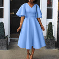 D3191 cross-border women's clothing  new style bell sleeves v neckfashionelegant large skirt dress european and american dress