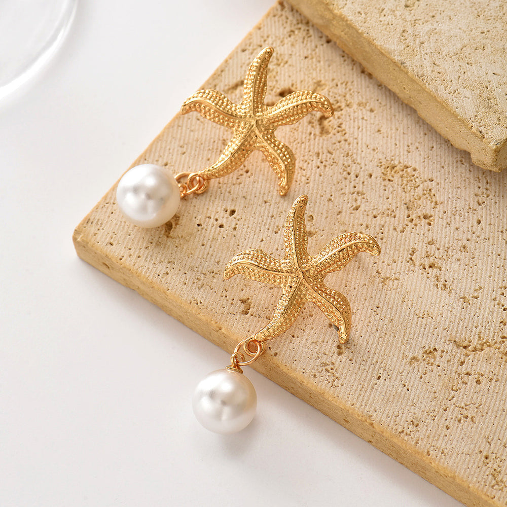 Wholesale faux pearl earrings - european & american style, starfish dangle earrings for women, unique & exaggerated, niche & affordable luxury, autumn/winter gold stud earrings