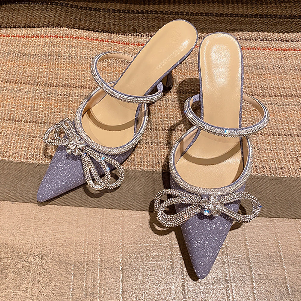 European and american black bow rhinestone high heel slippers pointed toe closed toe slip-on sandals outdoor european and american style stiletto heels