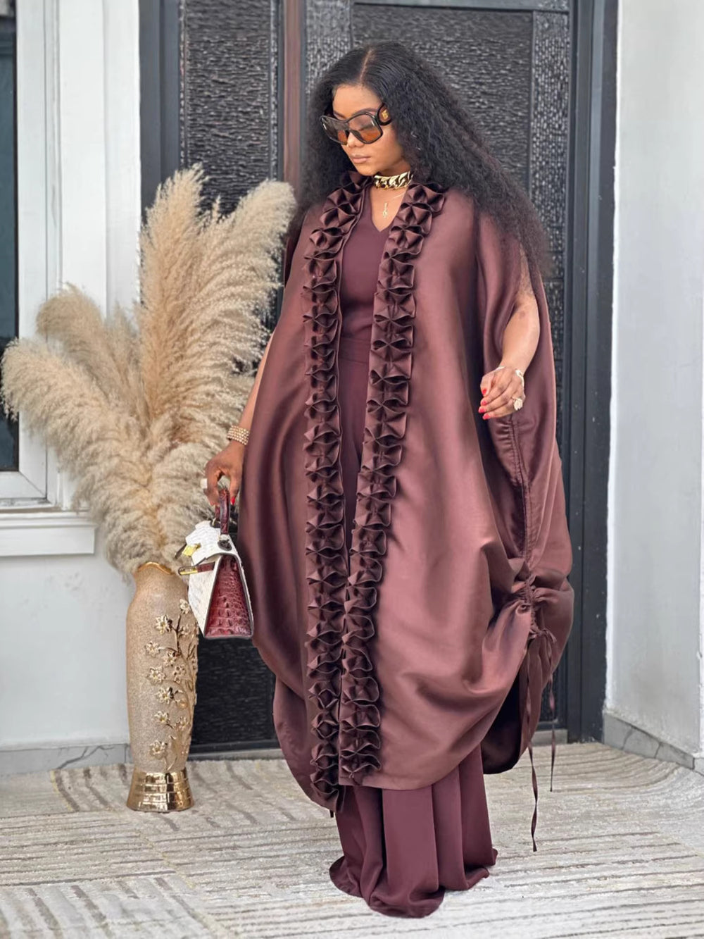 Burgundy satin pleated lace shawl jumpsuit suit african loosev neck robe elegance dinner two-piece set
