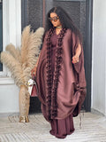 Burgundy satin pleated lace shawl jumpsuit suit african loosev neck robe elegance dinner two-piece set