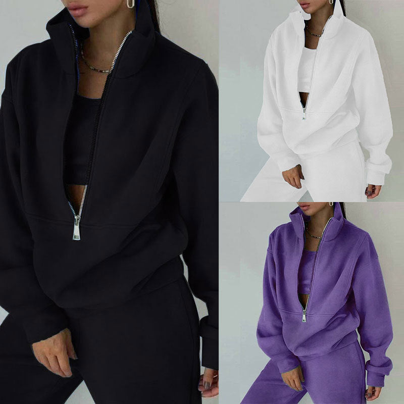 cross-border e-commerce european and american women's clothing: new summer collection - fashionable casual fleece-lined sporty zip-up hoodie set