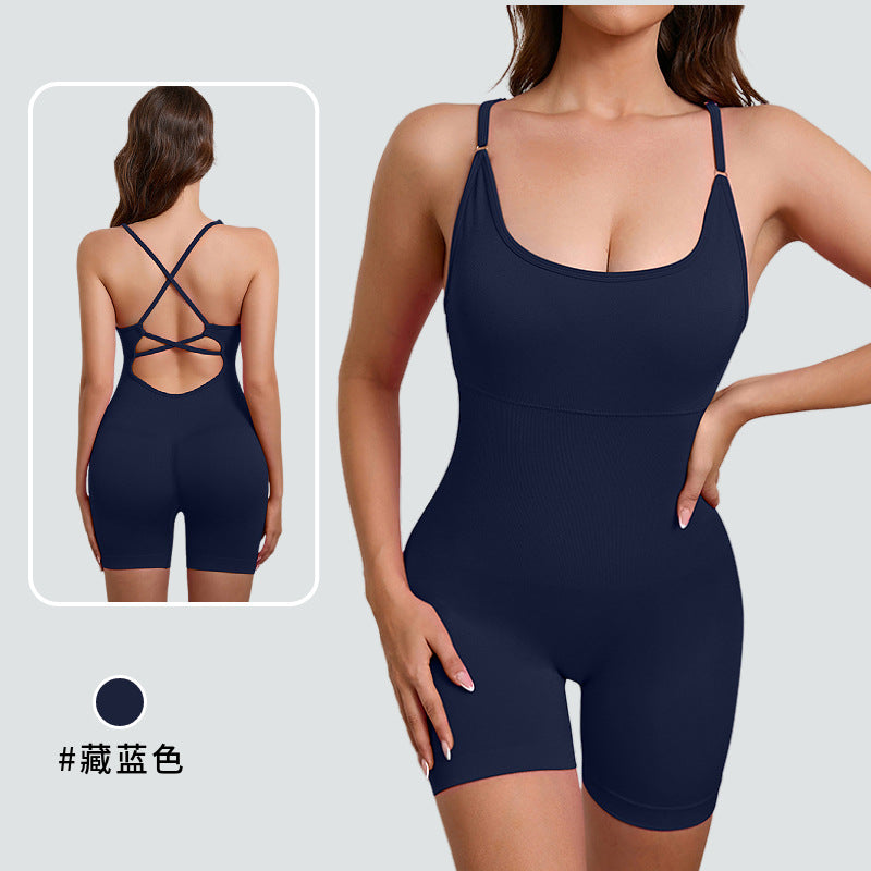European and american style one-piece yoga bodysuit with removable padded bra, criss-cross back design, breathable, casual, activewear, and shaping bodysuit
