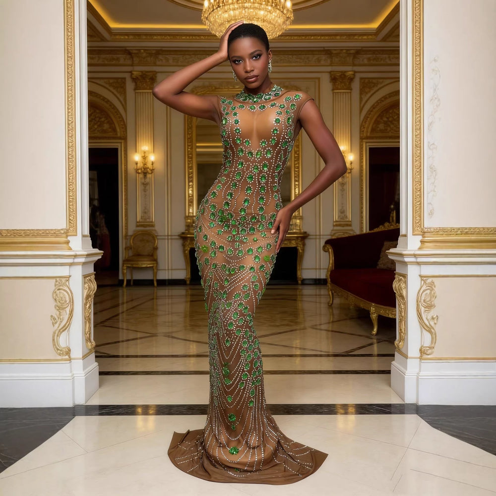 sexy backless luxury rhinestone dress - european & american style, sparkling nightclub performance costume, party evening gown