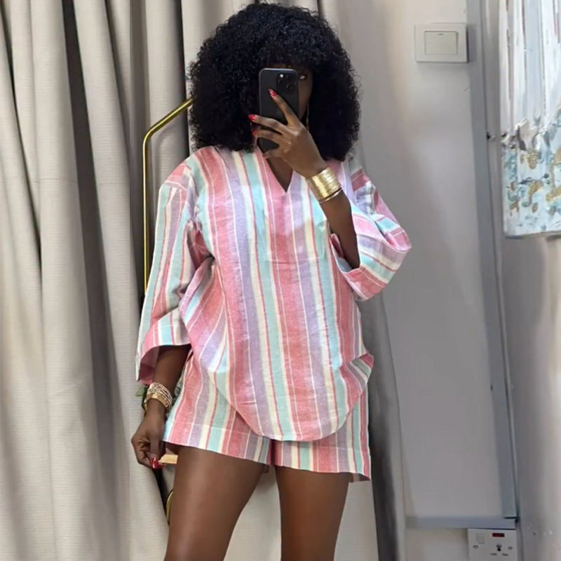 European and american style women's clothing  new sweet and fresh striped turn-down collar three-quarter sleeve blouse and high-waisted straight-leg shorts two-piece set