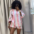 European and american style women's clothing  new sweet and fresh striped turn-down collar three-quarter sleeve blouse and high-waisted straight-leg shorts two-piece set