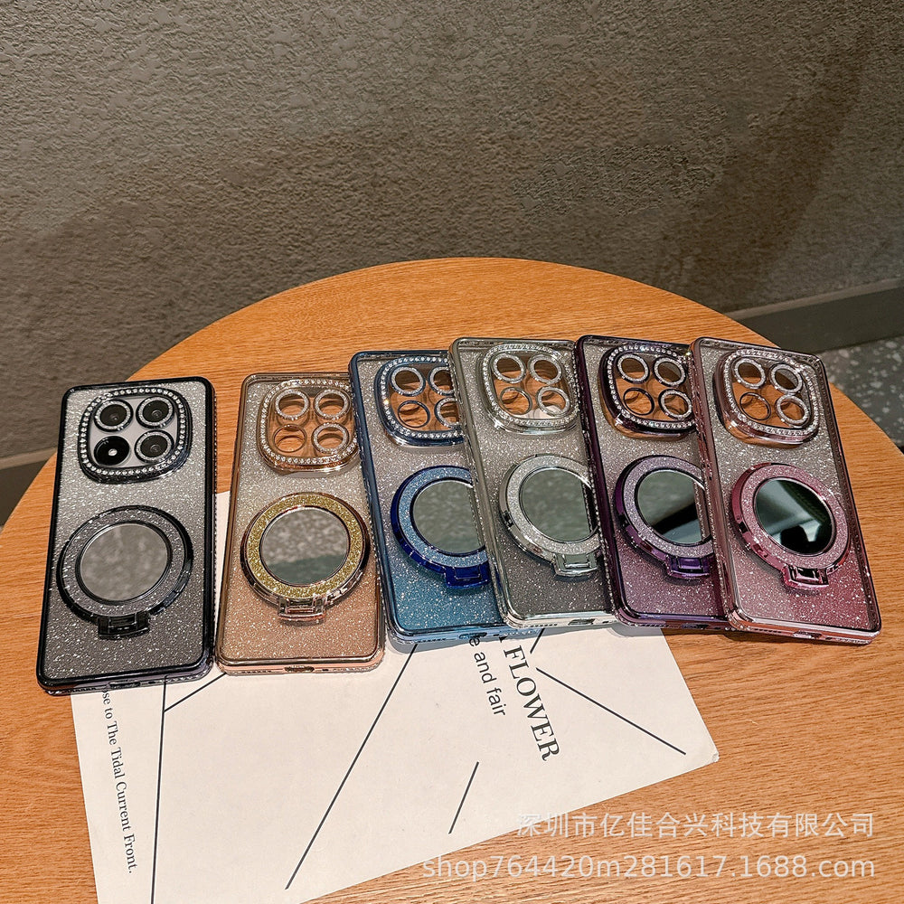 Suitable for redmi note15pro rhinestone electroplating makeup mirror mobile phone case xiaomi 14t all-inclusive glitter magnetic holder