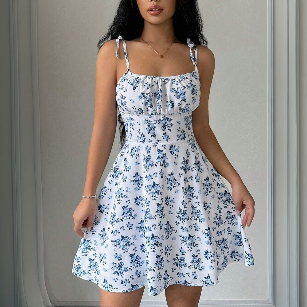 summer new arrival: cross-border european & american style floral print cami mini dress - square neck, soft & feminine
