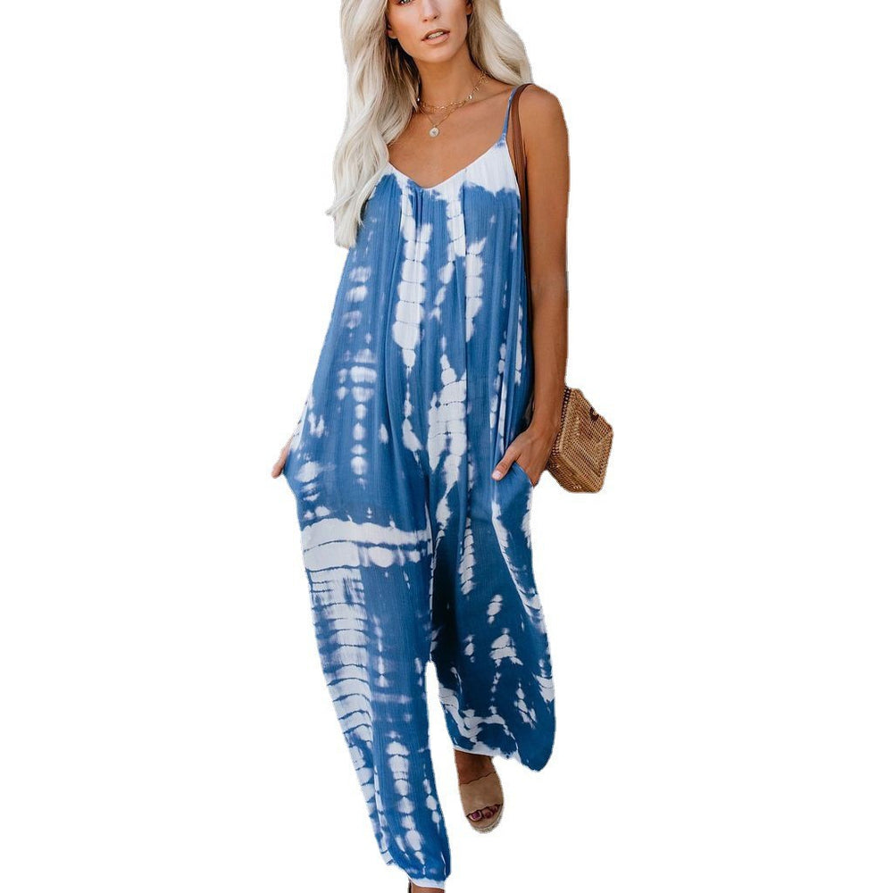 Russian, european, and american wish-style amazon 2025 new women's sexy wide-leg printed jumpsuit with straps