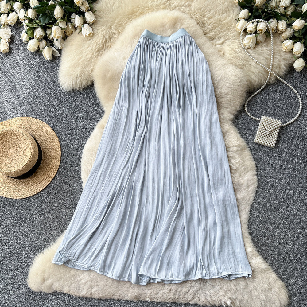 K-style high waist pleated elastic waist skirt women's summera-shaped pleated large hem work clothingelegant long skirt multi-color