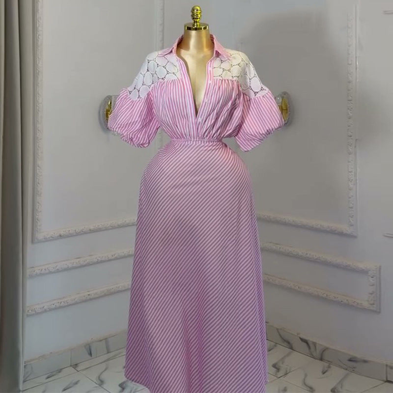 European and american cross-border women's fashion:  summer new collection - stylish pink striped cropped shirt and high-waisted midi skirt set