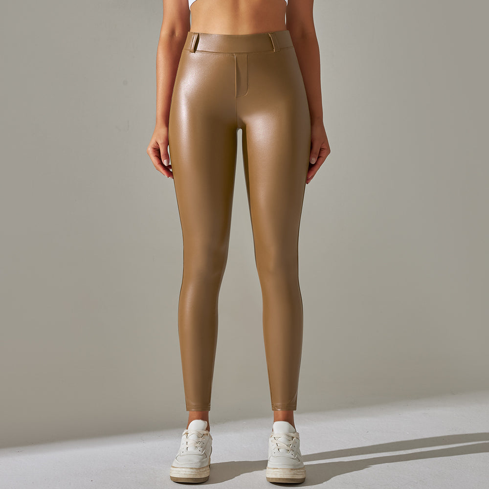 Clearance european and american  flap pocket pants pu leather pants tummy control tight body shaping high waist yoga pants plastic butt lifting nine-point pants