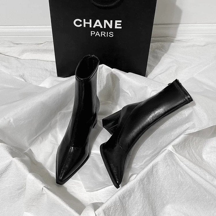 Women's ankle boots - high heel, spring/autumn  new collection, versatile french style, chunky heel, elastic pointed toe, slim fit - cross-border e-commerce