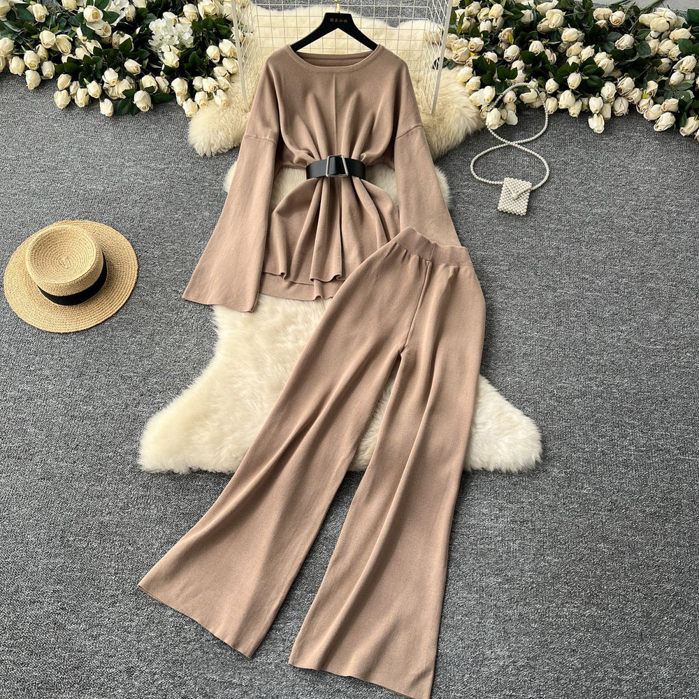 European and american chic fashion set for women - autumn/winter flared sleeve, cinched waist, loose knit sweater top with high-waisted wide leg casual pants
