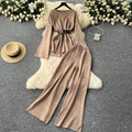 European and american chic fashion set for women - autumn/winter flared sleeve, cinched waist, loose knit sweater top with high-waisted wide leg casual pants