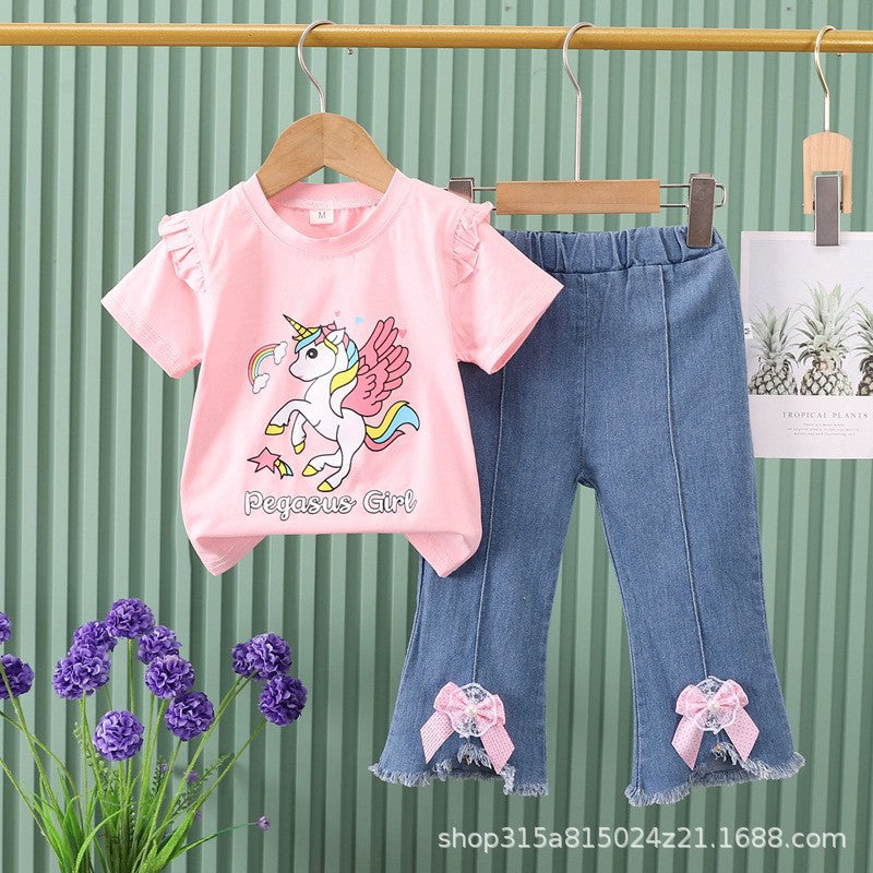 Girls' outfit  new cartoon cute animal korean style denim shorts lace short sleeve two-piece set for young children and toddlers