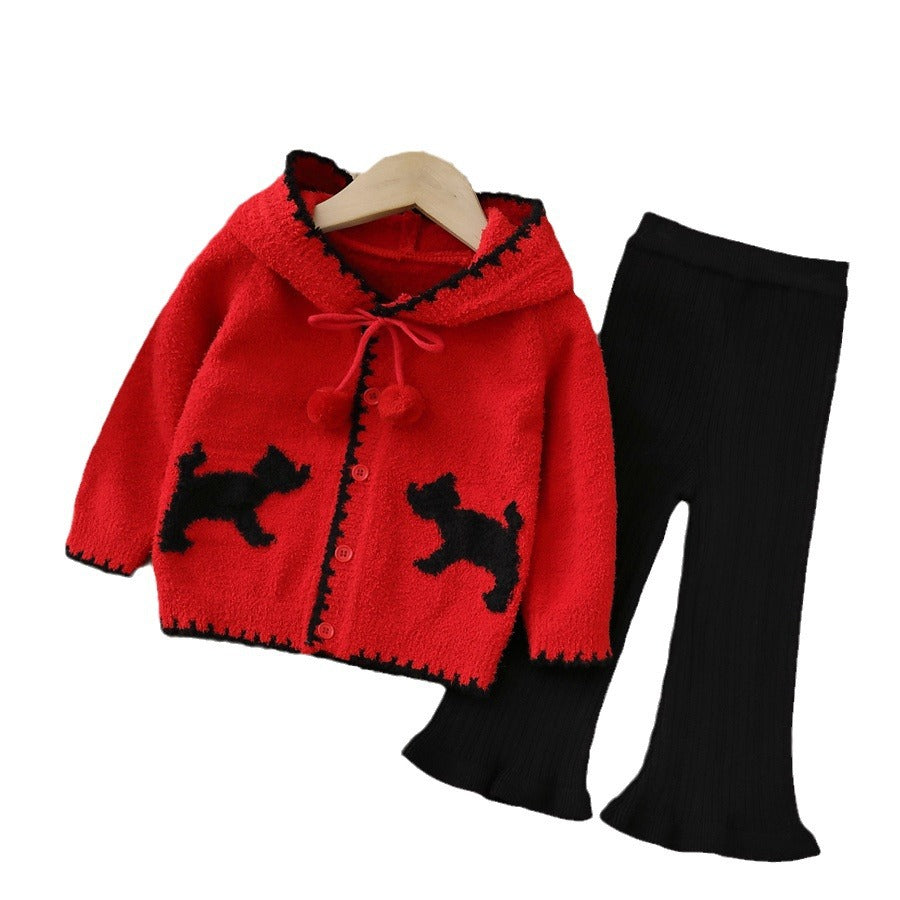 Girls' knitted sweater two-piece set -  autumn/winter new collection - girls' half-fleece warm outfit