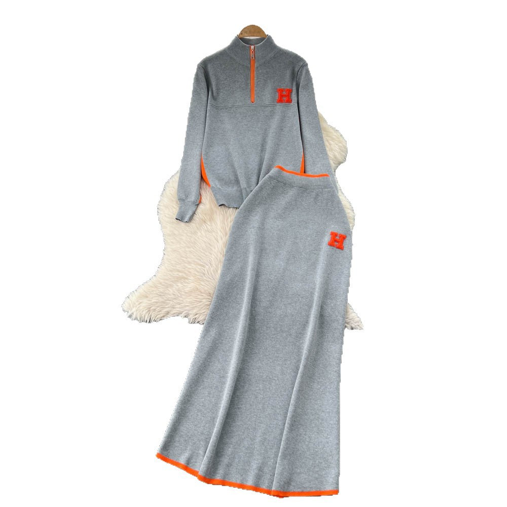 Minimalist color block striped knit power suit: stand collar long sleeve sweater + high waist slim fit long skirt - winter collection