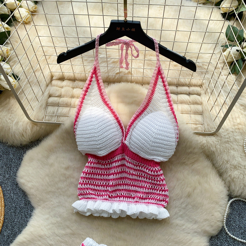 Sexyv neckknitting vest women's summer hot girl style tie backshortstwo-piece set holiday styleelegantsuit