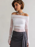 fall/winter new arrival: european and american style women's solid color slim-fit fashion one-shoulder mesh long sleeve top